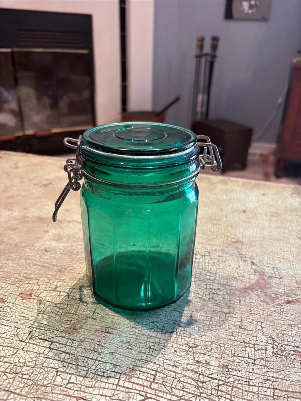 Vintage Emerald Green Glass Canister Wire Bail Clamp Lid 5 Inch